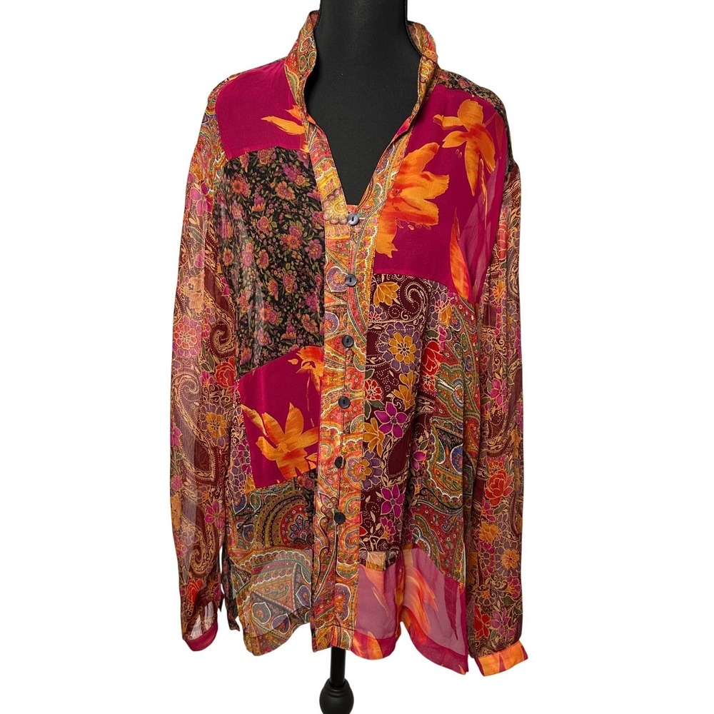 Coldwater Creek Silk Patchwork Floral Paisley Long Sleeve Sheer Blouse Women XL - Picture 12 of 13